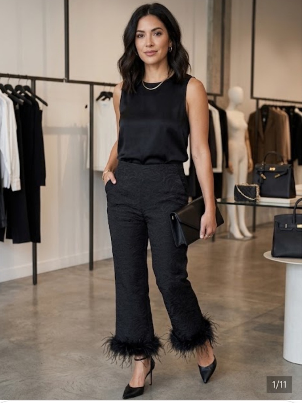 Amylynn Black Textured Pants with Feather Trim